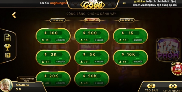 Game Bài Phỏm tại cổng game đổi thưởng Go88 có bao nhiêu loại bàn cược?