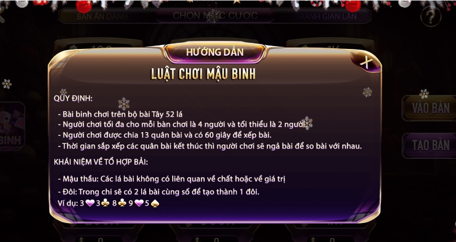 Luật chơi Mậu Binh được hướng dẫn cực kỳ rõ ràng ngay tại giao diện trò chơi